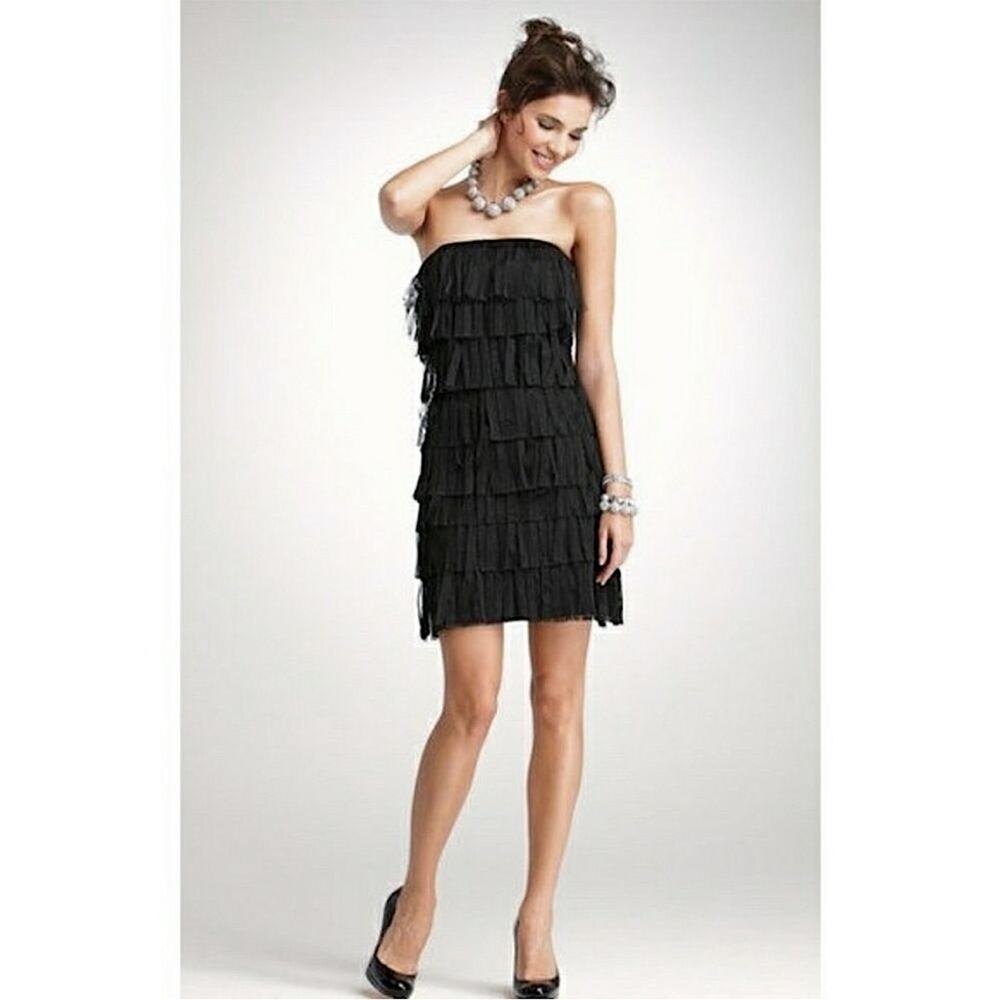 Ann Taylor Strapless Tulle Fringe Dress Black Size 6 EUC